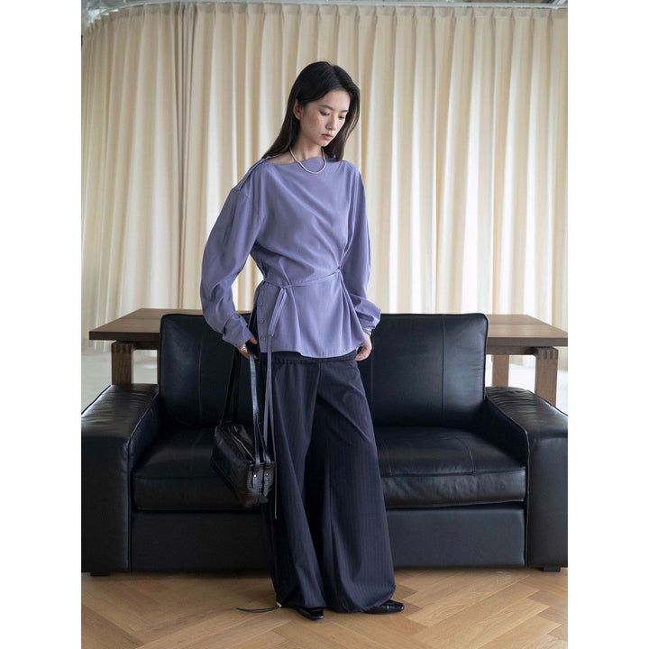 Women Asymmetric One-Shoulder Wrap Blouse made of Satin Amarae