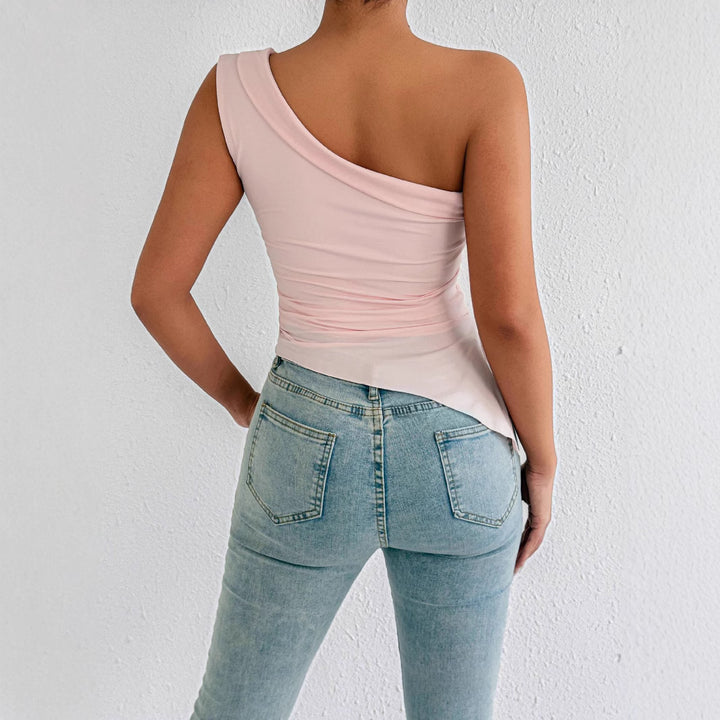 Women's asymmetrical top with off-the-shoulder design and elegant draping Lune London
