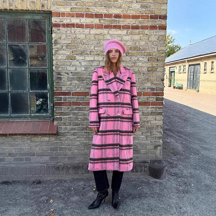 Women Mid-length checkered wool blend coat with double-breasted button placket and shawl collar Amarae