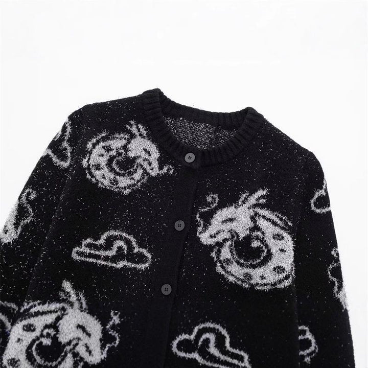 Women's knitted jacket with unique dragon pattern and button placket Lune London