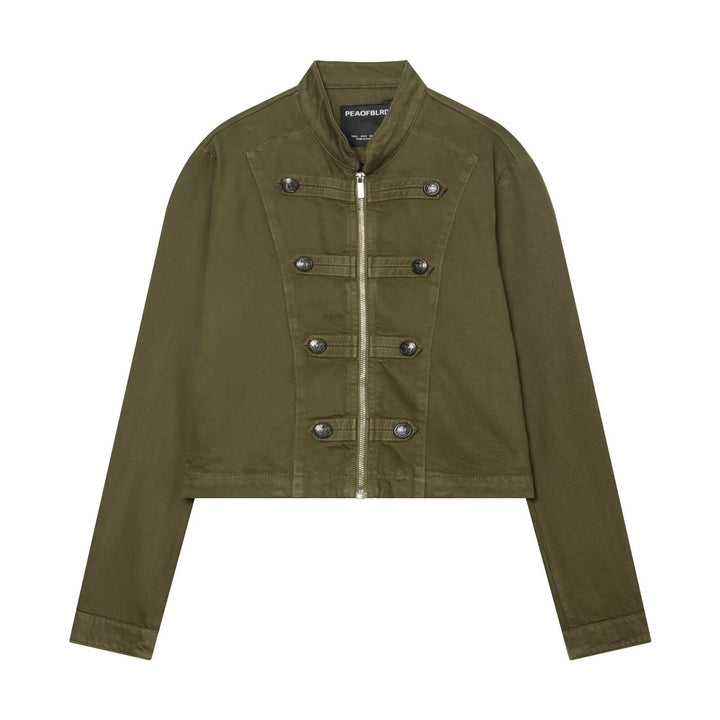 Women's Short Military-inspired Jacket with Stand Collar, Decorative Button Plackets and Full Zip Amarae