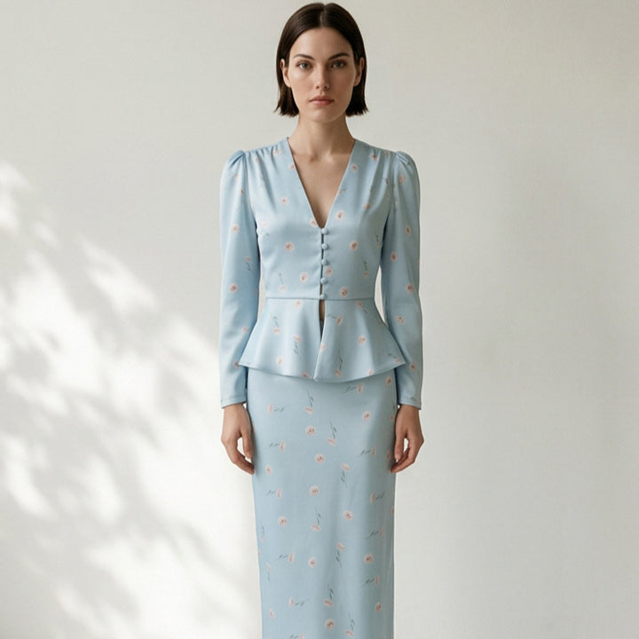 Women's Two-Piece Tailored Blouse and Maxi Skirt Set with V-Neck and Button Details Amarae