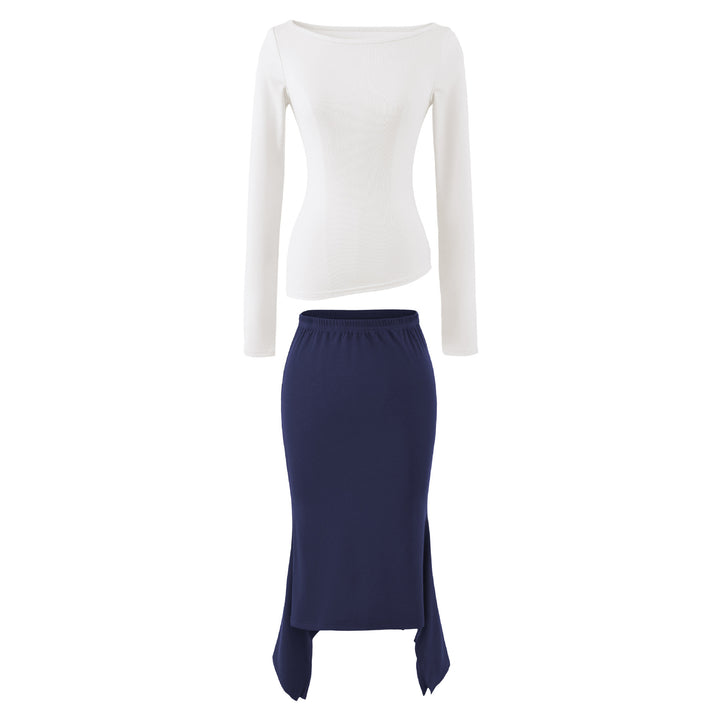 Women's Two-Piece Set with Fitted Long Sleeve Top and Maxi Skirt with Slit Amarae