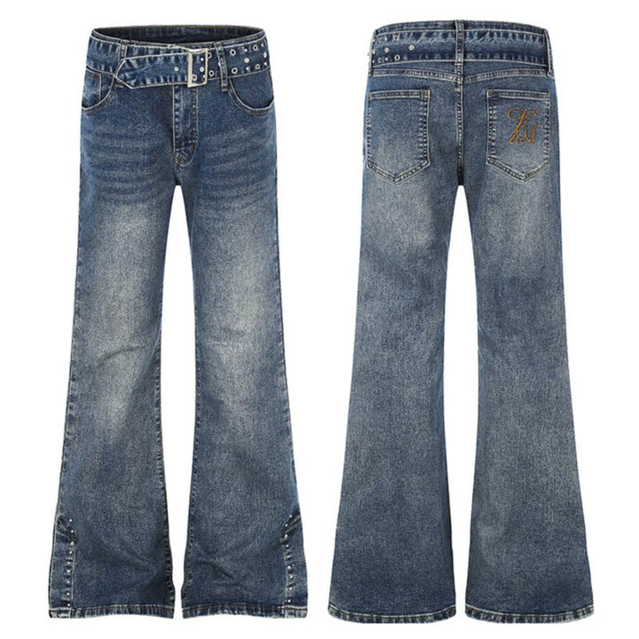 Women's High-Waist Flared Denim Jeans with Studded Detail, Wide Flare and Decorative Belt Amarae