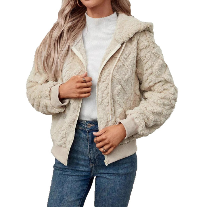 Trendy plush jacket for women with hood and ribbed edges Lune London