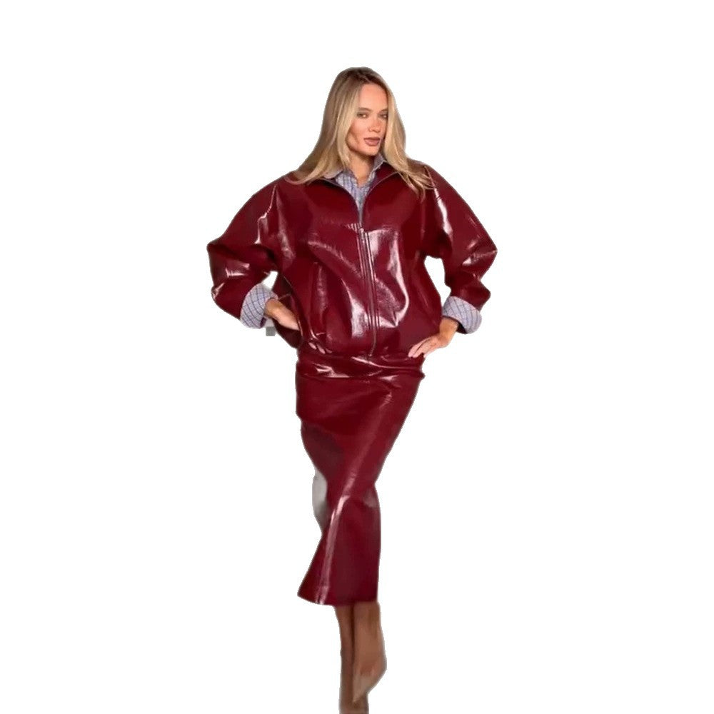 Women's Shiny Faux Leather Two-Piece with Oversized Zip Jacket and Tailored Midi Skirt Amarae