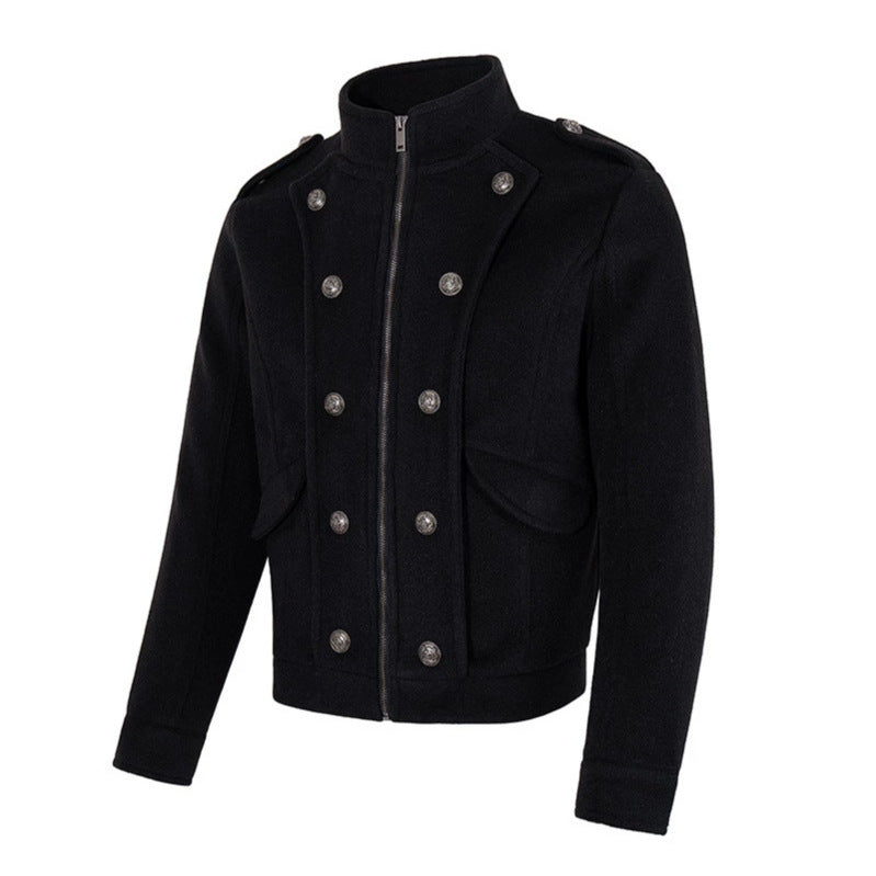 Men's short military-inspired wool jacket with stand-up collar & double-breasted decorative buttons Amarae