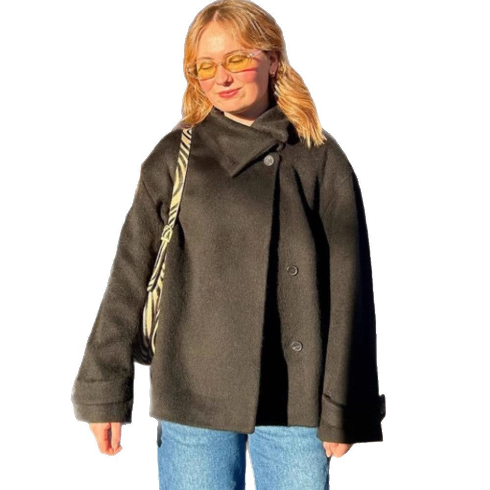 Ladies cozy wool jacket with high collar and button details Lune London