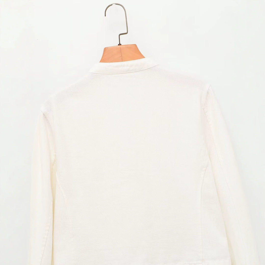 Women's military-style jeans jacket with stand-up collar and decorative button plackets Amarae