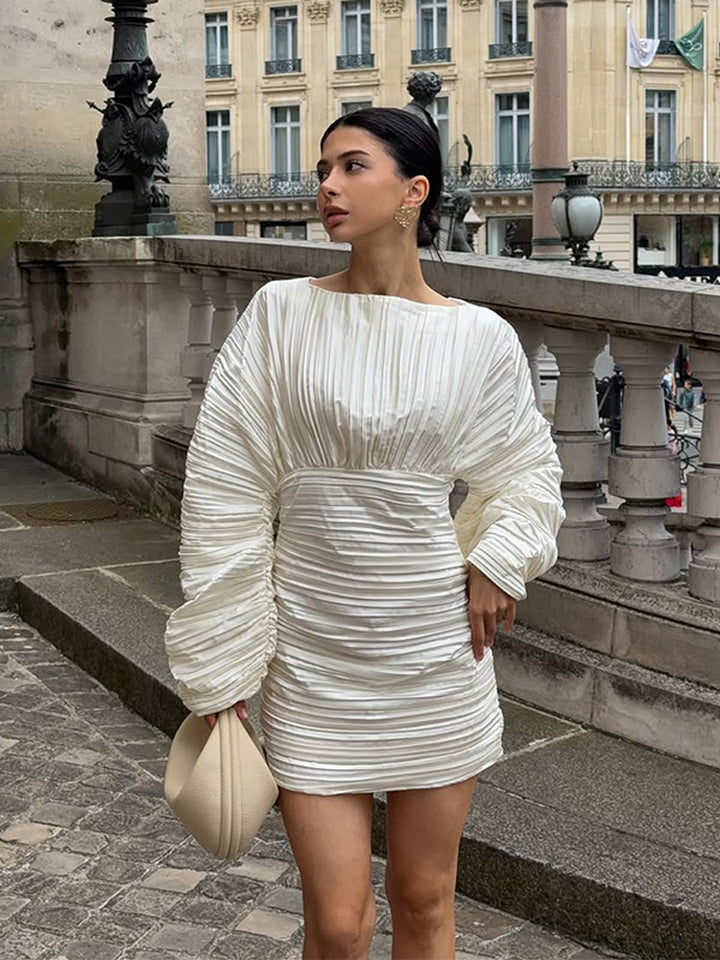 Women's gathered pleated mini dress with balloon sleeves and tailored silhouette Amarae