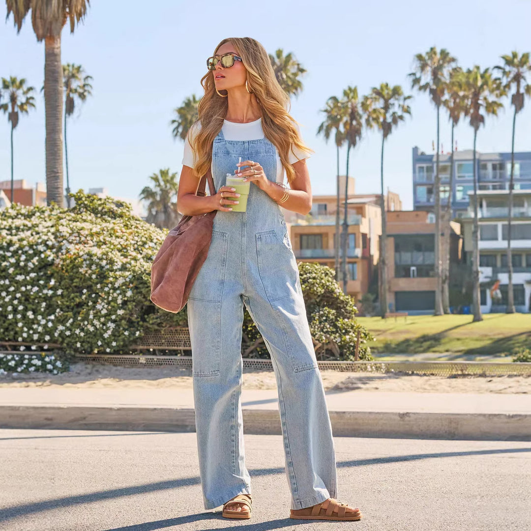 Women's Casual Denim Overalls with Wide Leg Cut and Practical Pockets Lune London