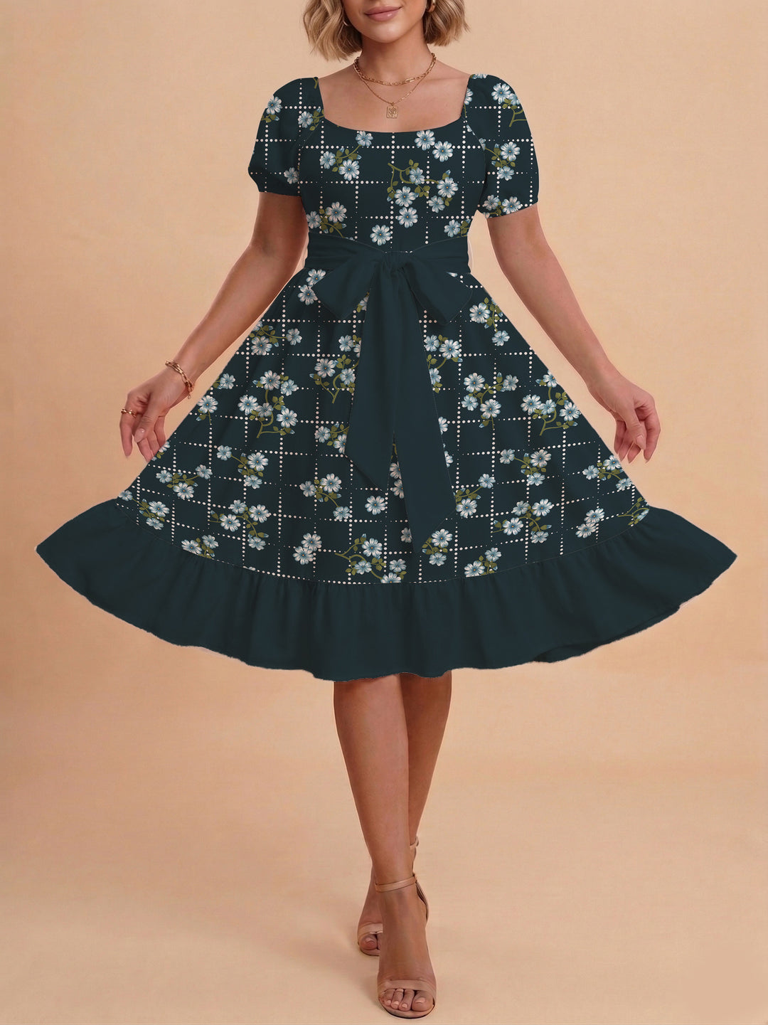Women's floral dress with adjustable belt and voluminous sleeves Lune London