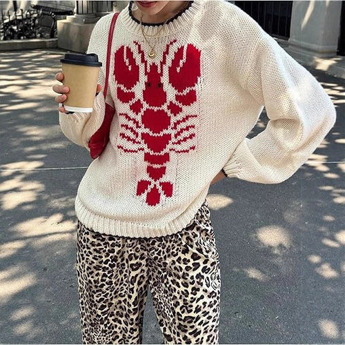 Knitted sweater for women with a unique lobster pattern and a casual cut Amarae