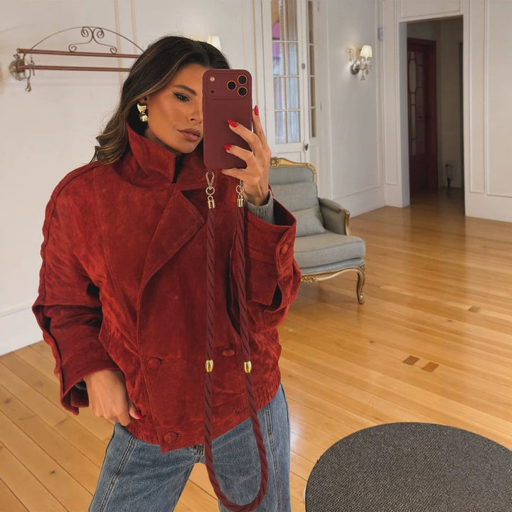 Women cropped suede leather jacket with high collar and double-breasted button placket Amarae