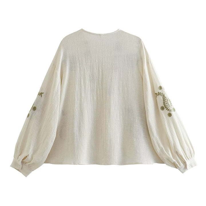 Embroidered blouse for women with puff sleeves and V-neck Lune London