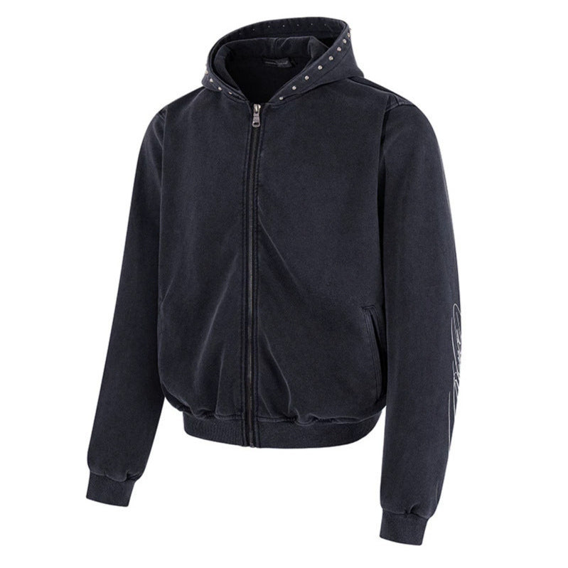 Men's Short Cut Zip Hooded Jacket made of Velour with Studded Hood Amarae