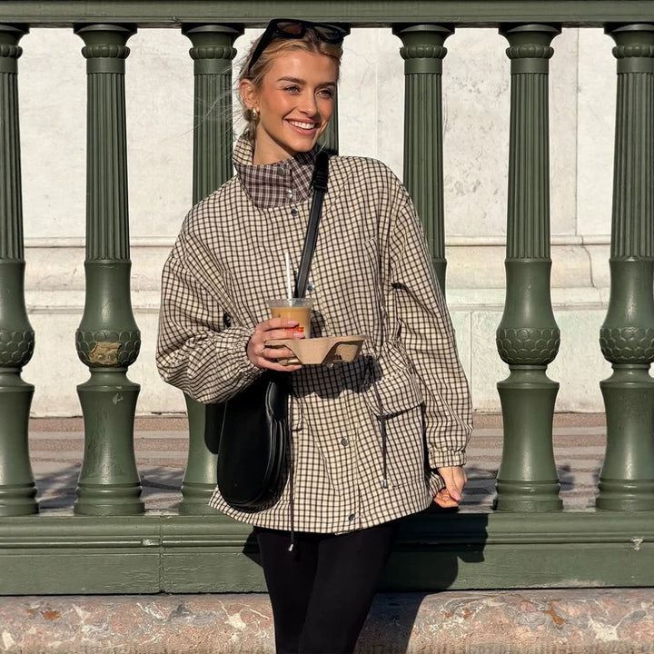 Women Checkered Waist Parka with Stand-up Collar, Drawstring, and Flap Pockets Amarae