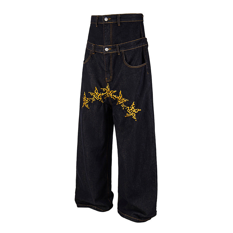 Women High-Waisted Wide Jeans with Decorative Star Embroidery Amarae