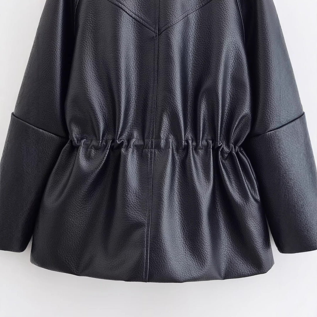 Women's Oversize Faux Leather Jacket with Stand-Up Collar, Drawstring Waist and Patch Pockets Amarae