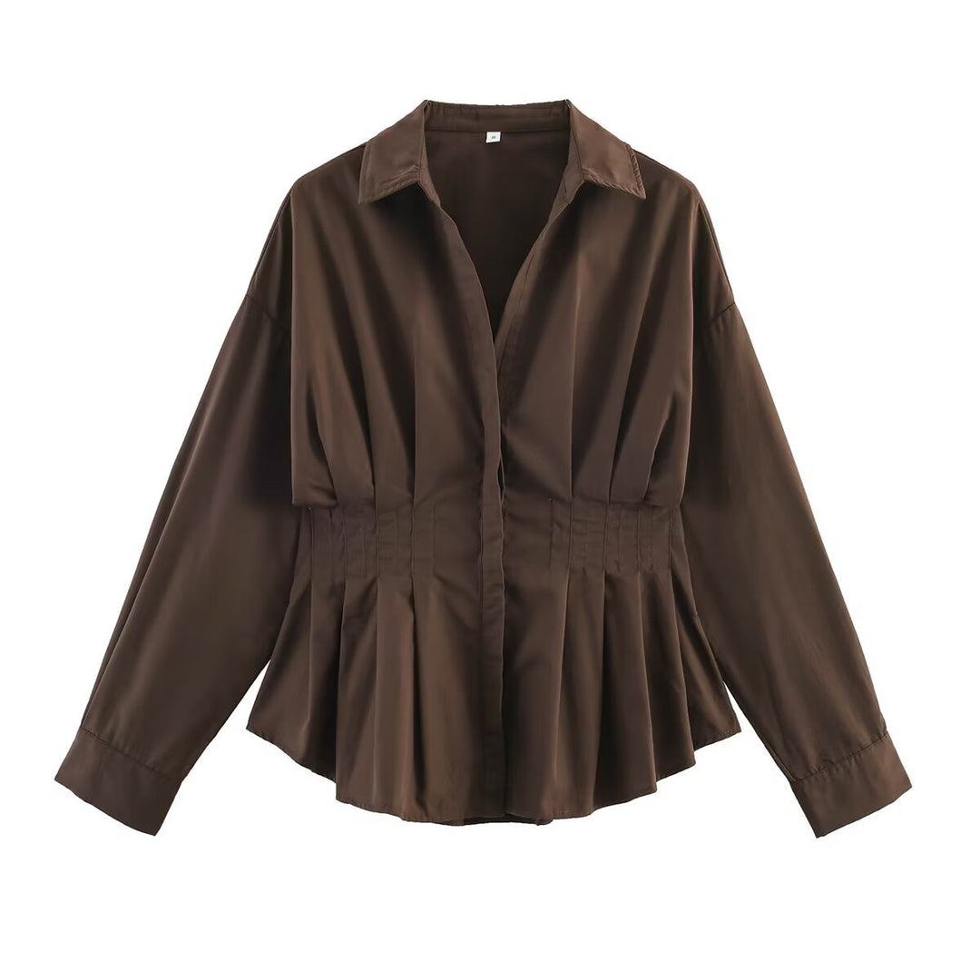 Ladies' blouse with tailored gathered insert and pleated peplum