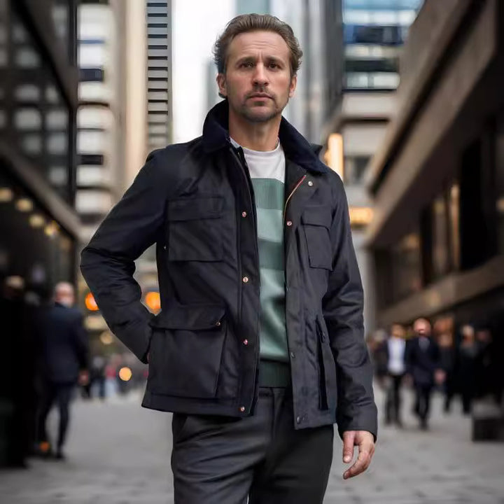 Elegant utility jacket for men with several practical pockets and faux fur collar Lune London