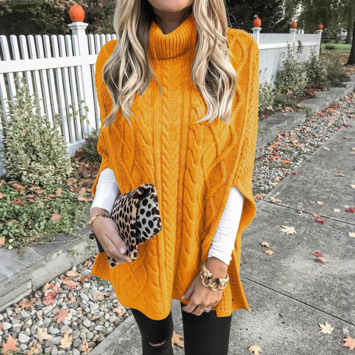 Knit poncho for women with high collar and decorative braided pattern Lune London