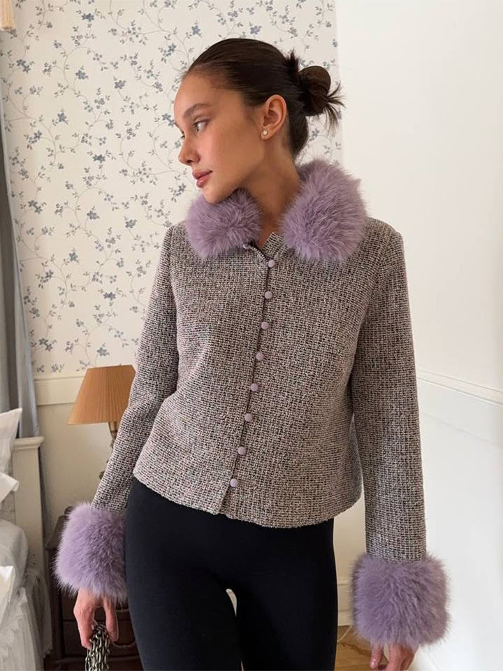 Women's Boucle Jacket with Removable Faux Fur Collar and Fur Cuffs Amarae