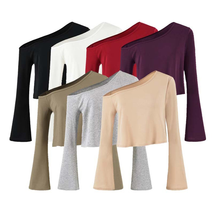 Women's Cropped Off-Shoulder Long Sleeve with Flared Trumpet Sleeves made of Jersey Amarae