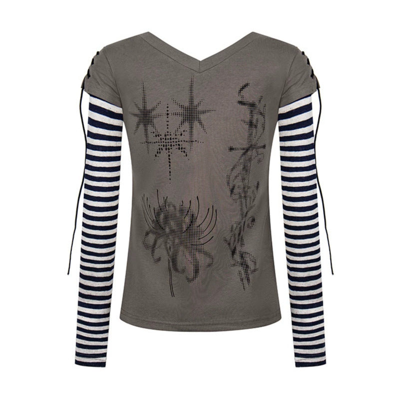 Women's Layered Long Sleeve Shirt with V-Neck, Striped Inner Layer and Lacing Detail Amarae