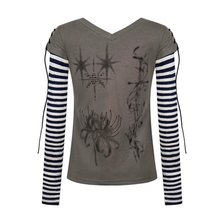 Women's Layered Long Sleeve Shirt with V-Neck, Striped Inner Layer and Lacing Detail Amarae