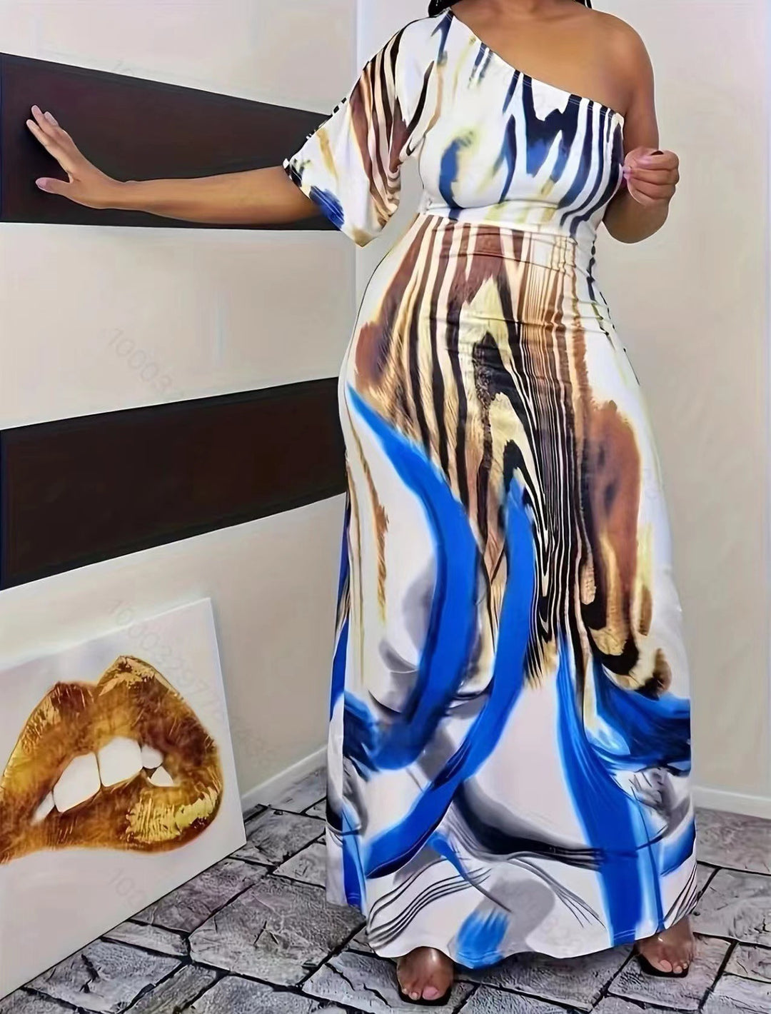 Maxi dress for women with asymmetric cut and elegant pattern Lune London
