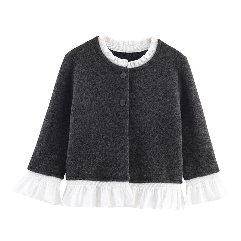Knitted jacket with ruffle details and button closure for women Lune London
