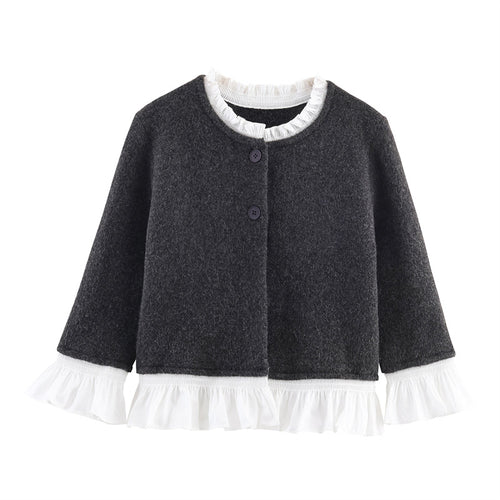 Knitted jacket with ruffle details and button closure for women Amarae