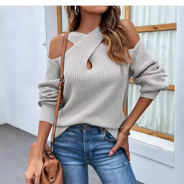 Knit sweater for women with asymmetrical neckline and off-shoulder Lune London