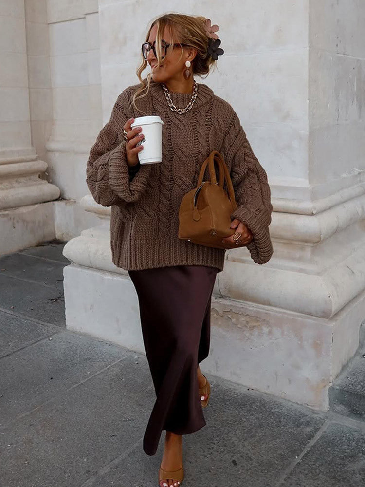 Women's Oversize Chunky Knit Sweater with Cable Knit, High Collar and Extended Sleeves Amarae
