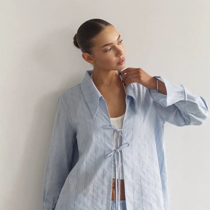 Women Loose Fitting Linen Look Blouse with Decorative Ties and Transparent Stripe Structure Amarae