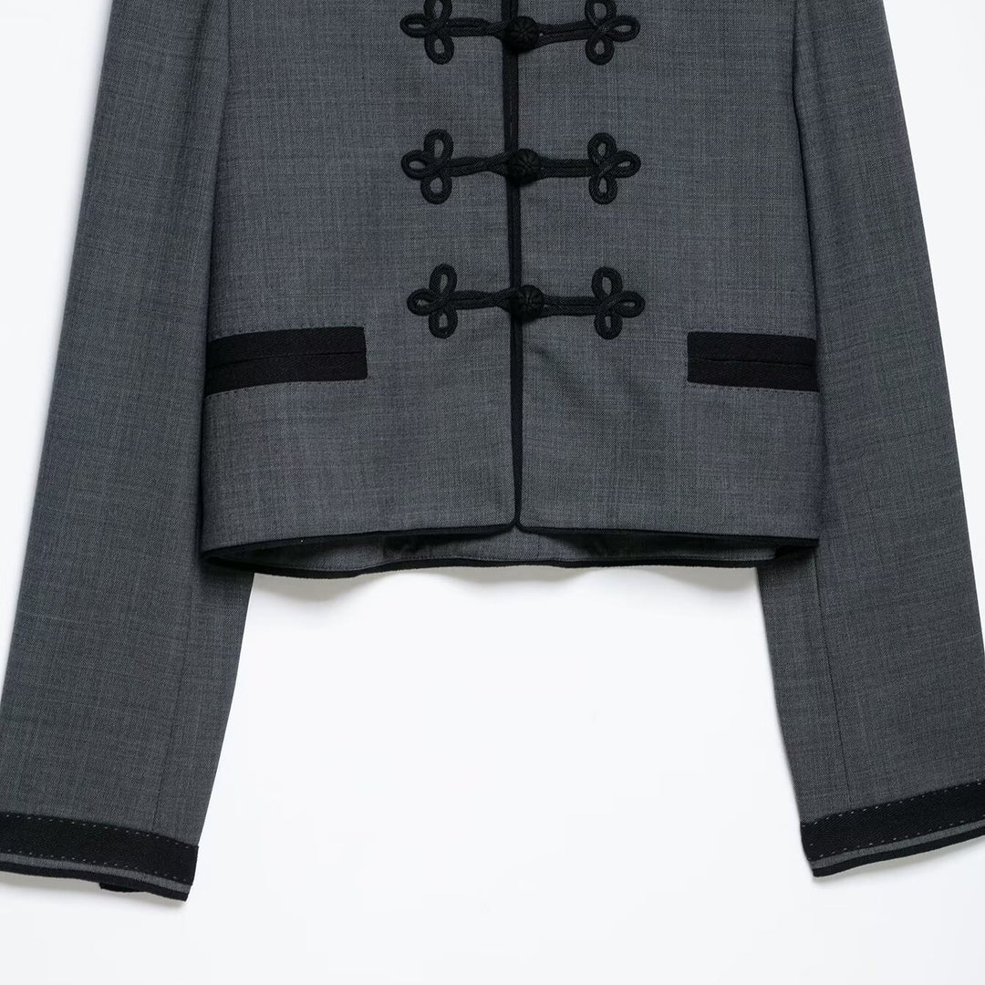 Women's Short Jacket in Mandarin Style with Decorative Knot Closure and Tailored Silhouette Amarae