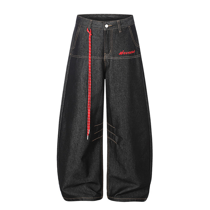 Women's Extra Wide Palazzo Jeans with Decorative Drawstring and Decorative Stitching Amarae