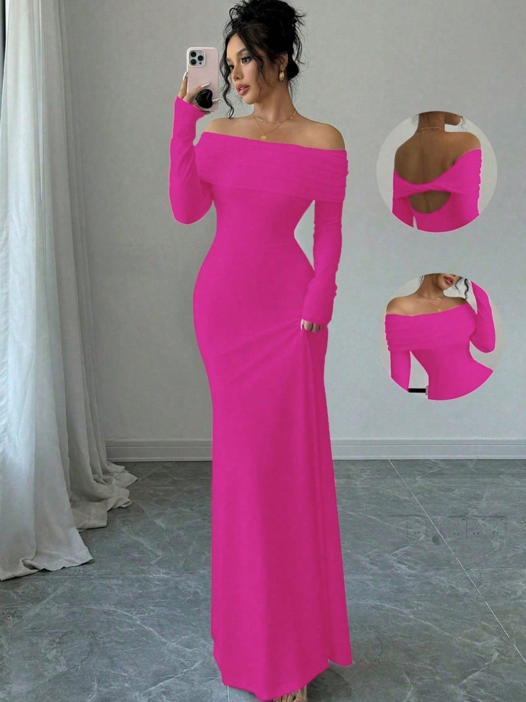 Women's Elegant and Fitted Off-Shoulder Maxi Dress with Long Sleeves Lune London