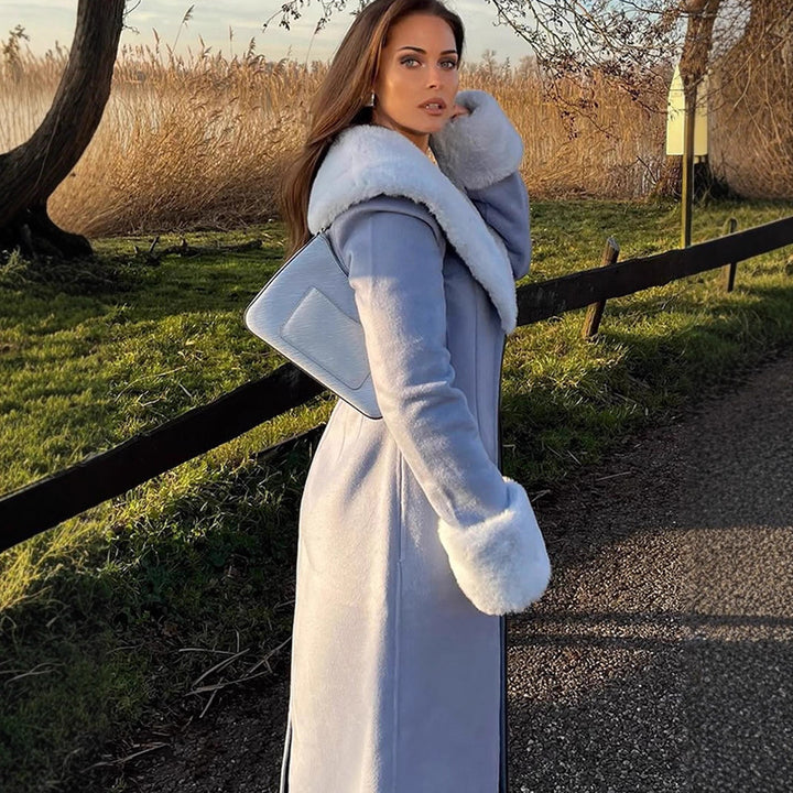 Women Elegant long-cut coat made of velour look with voluminous faux fur shawl collar Amarae