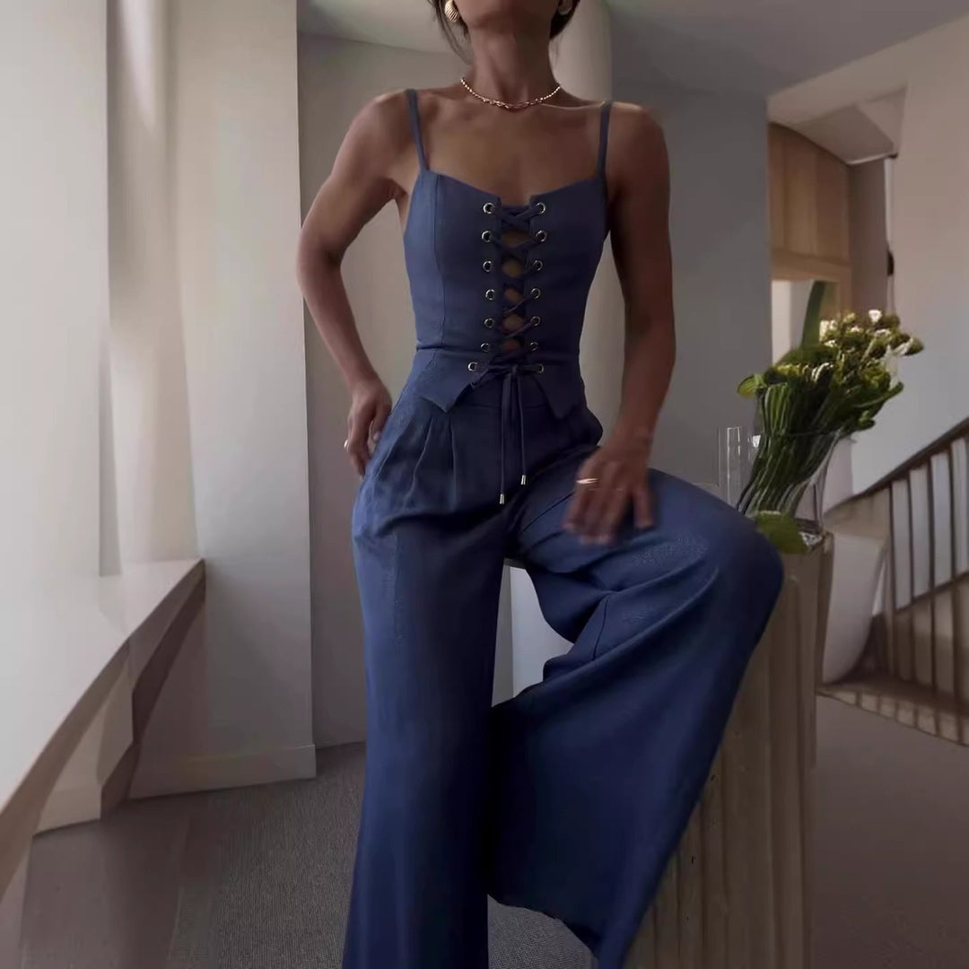 Ladies elegant jumpsuit with laces and wide leg Lune London
