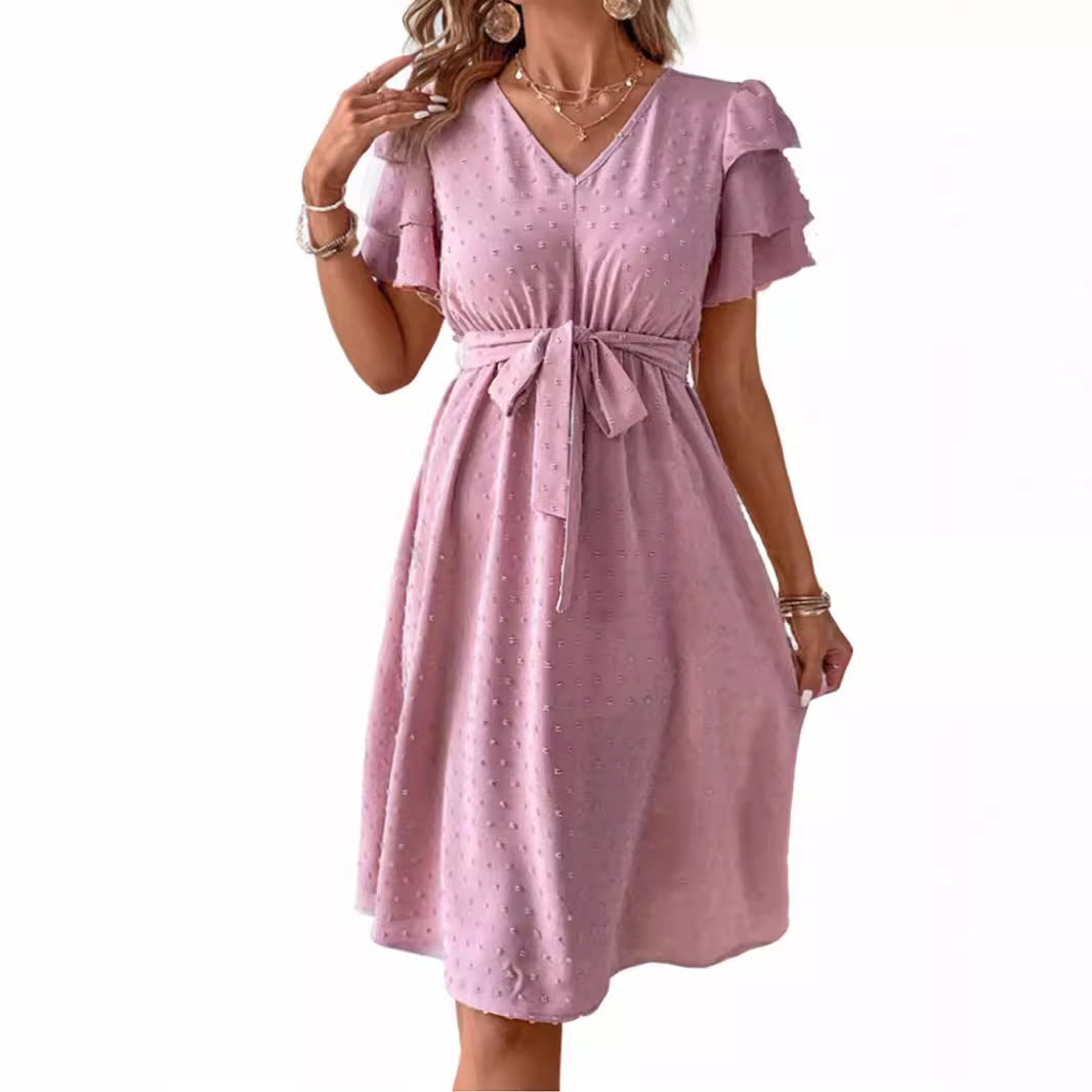 Elegant Woman Dress with Ruffled Sleeves V Neck Lune London