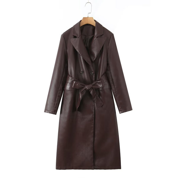 Women's faux leather trench coat with belted waist and double-breasted buttons Lune London