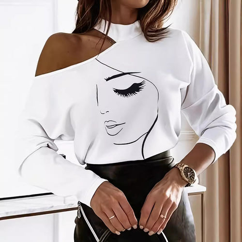 Ladies Oversized Sweatshirt with Off-Shoulders and Chic Elegant Print
