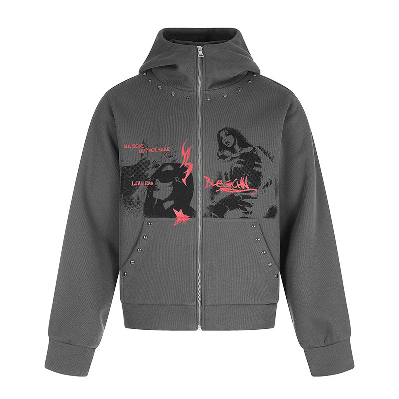 Ladies Hooded Zip Jacket with Stud Embellishment, Artwork Front Print and Kangaroo Pockets Amarae