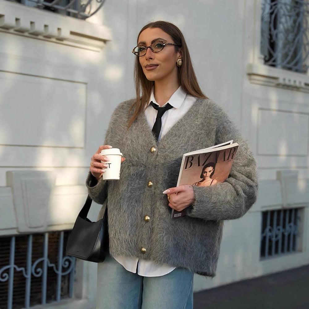 Women Fluffy Mohair-Optic Oversized Cardigan with V-Neck and Gold Decorative Buttons Amarae
