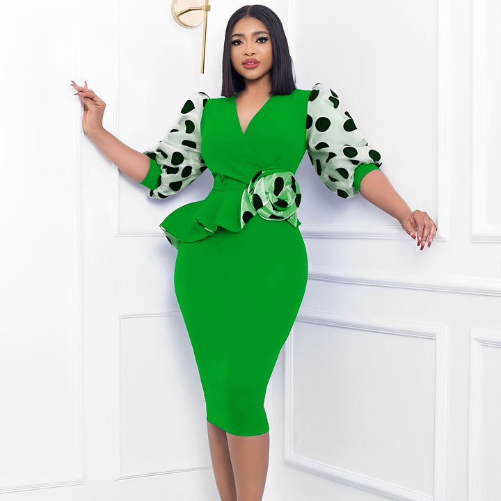 Wrap dress for women with transparent puff sleeves and a fitted ruched design Lune London