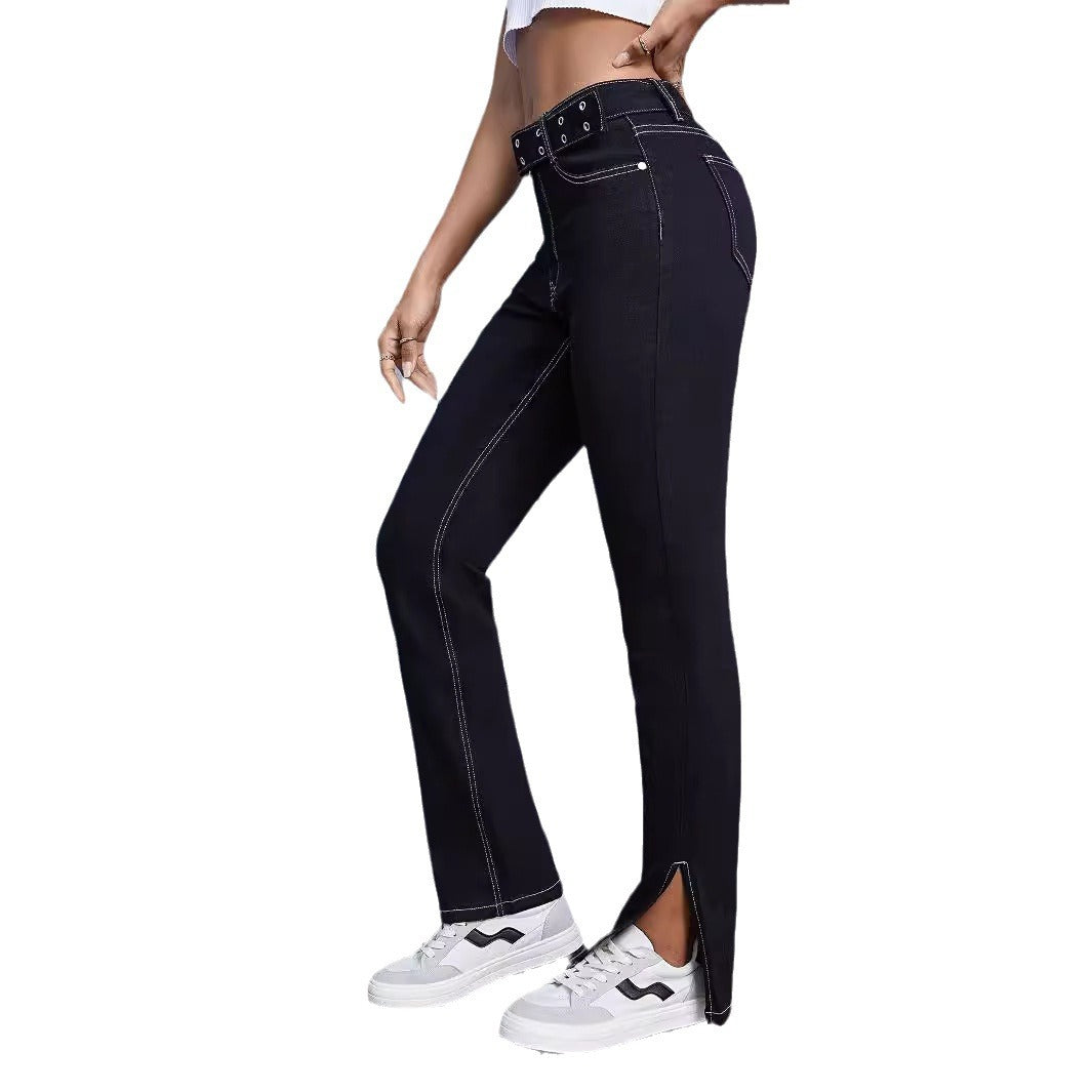 Women High-Waist Straight Jeans with Side Ankle Slit and Contrast Stitch Amarae