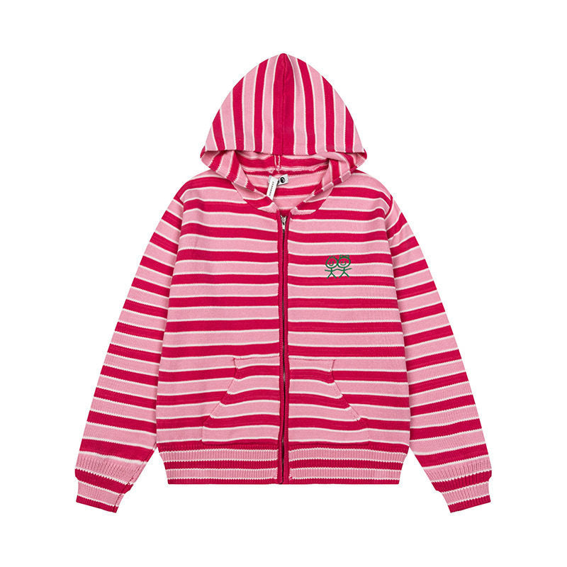 Women's Striped Hooded Cardigan with Full Zip and Pockets Amarae