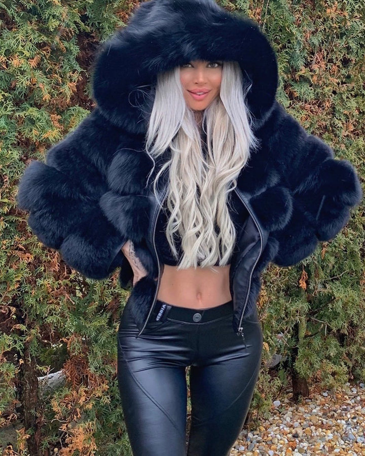 Women's sporty faux fur jacket with hood Lune London